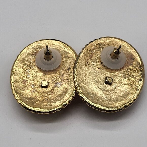 VTG Gold Tone Purple Jewel Tone Cabochon Earrings Oval Statement Heavy Korea - Picture 4 of 8